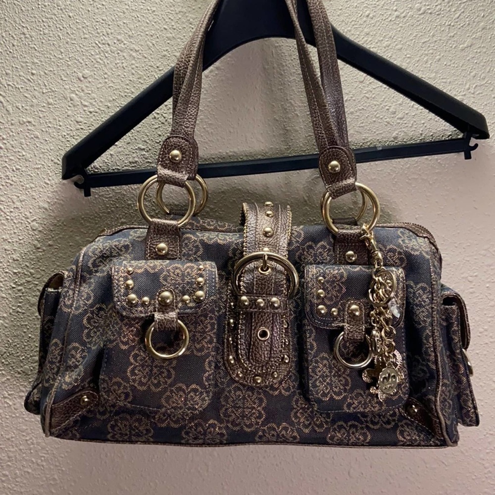 Kathy Van Zealand Brown & Gold Floral Satchel Handbag Brass Trim Bling Logo